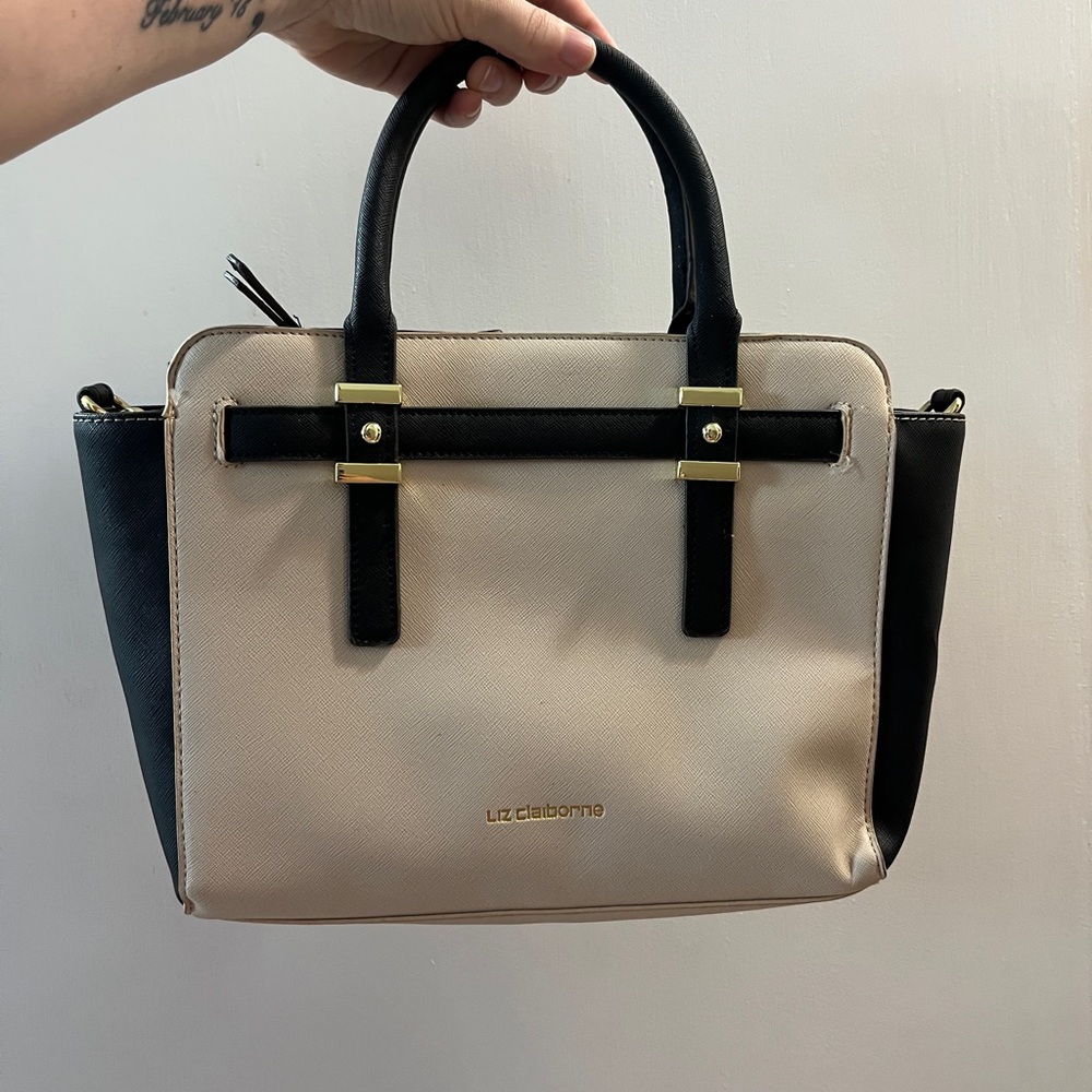 Liz Claiborne Black & Beige Structured Tote Handbag